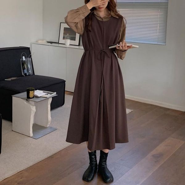 

casual dresses 2021 autumn sleeveless strap dress polyester o-neck belt solid color comfortable zipper simple, Black;gray