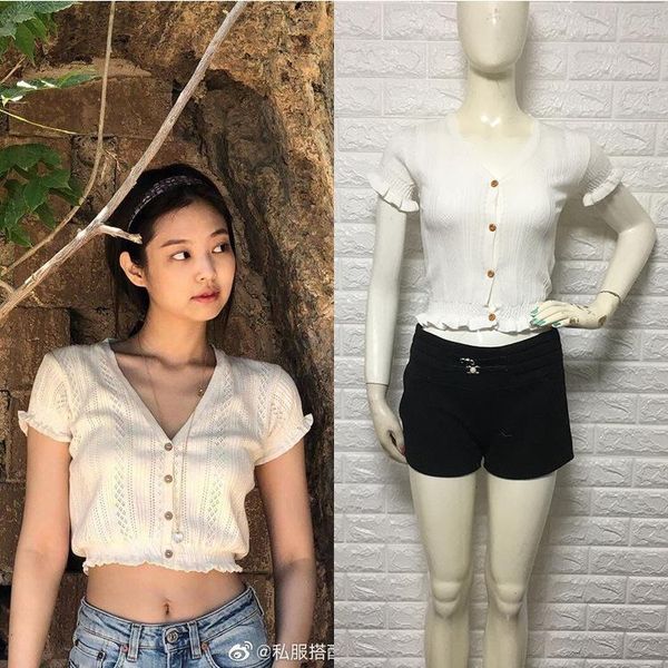 

women's t-shirt kpop korean celebrity same summer fresh sweet short tshirt women knitting girls v-neck short-sleeved t shirt, White
