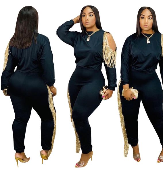 

arrivals fashionable tassels women two pieces suits hollow out long sleeves tassel pants clubwear outfits, Gray