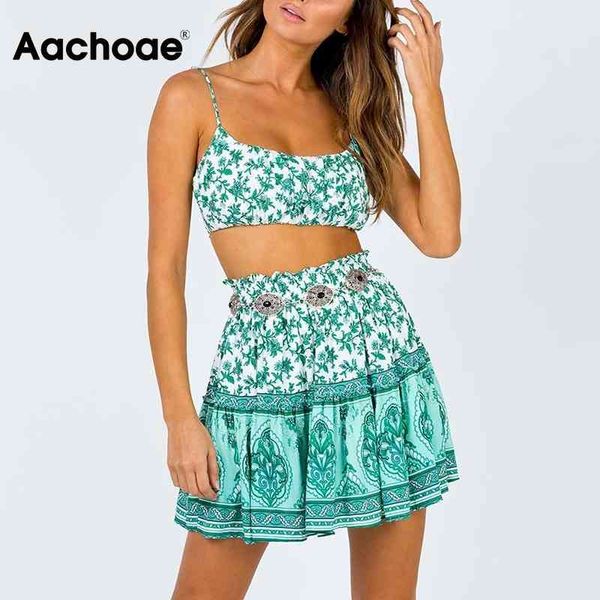 Sommer Strand Blumendruck 2 Set Frauen Fliege Spaghetti Strap Crop Top Rüschen Minirock Bohemian Zweiteilige Sets 210413