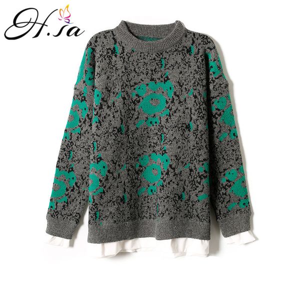 

h.sa women pullovers winter jumpers knitwear fake 2 pieces sweater floral vintage pullover sueter mujer jumper 210417, White;black