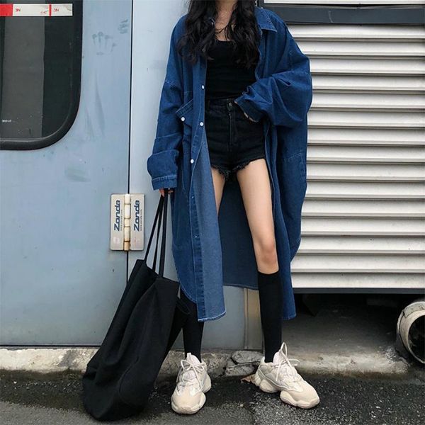 

women's trench coats 2021 women spring long denim jacket shirt coat oversized trenchcoat casual windbreaker overcoat, Tan;black