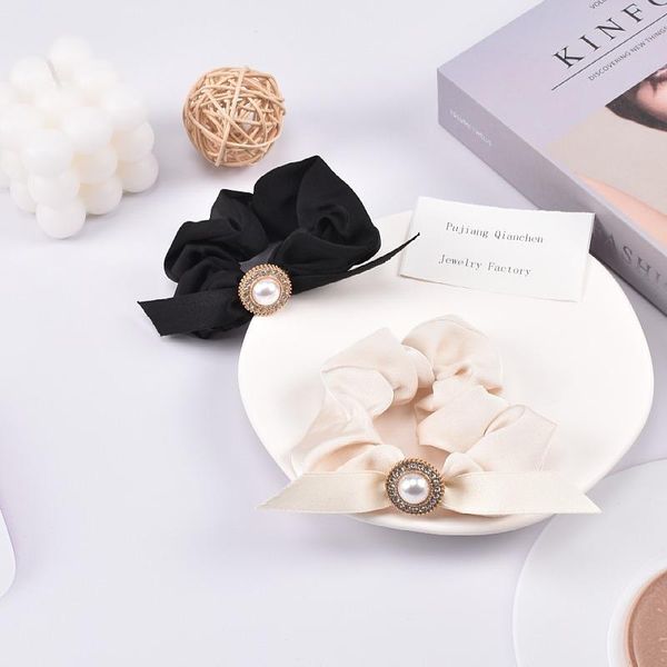 

hair accessories autumn south korean satin bow large intestine ring women net red temperament pearl band rope, Slivery;white