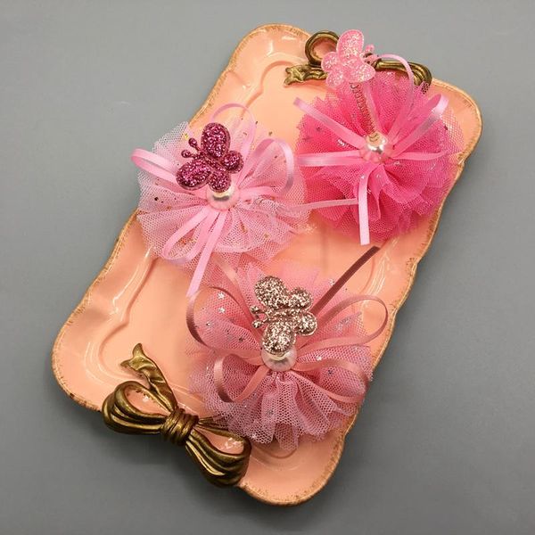 

wholesale 15pcs fashion cute tulle floral glitter butterfly hairpins cartoon hair clips princess headwear girls accessories, Slivery;white