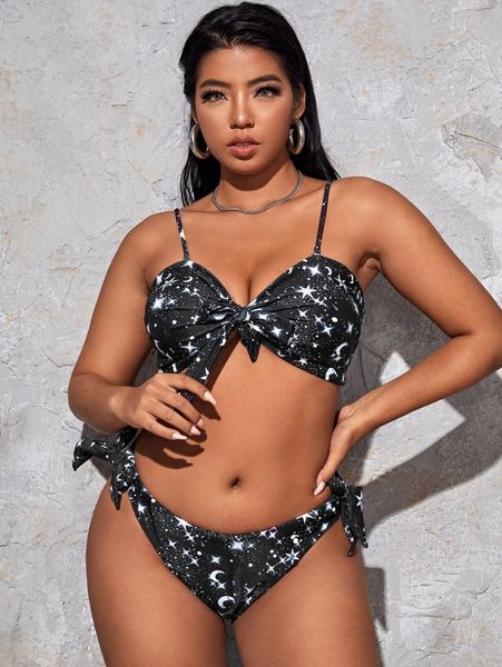 

plus star print knot bikini swimsuit l4wi#, Black