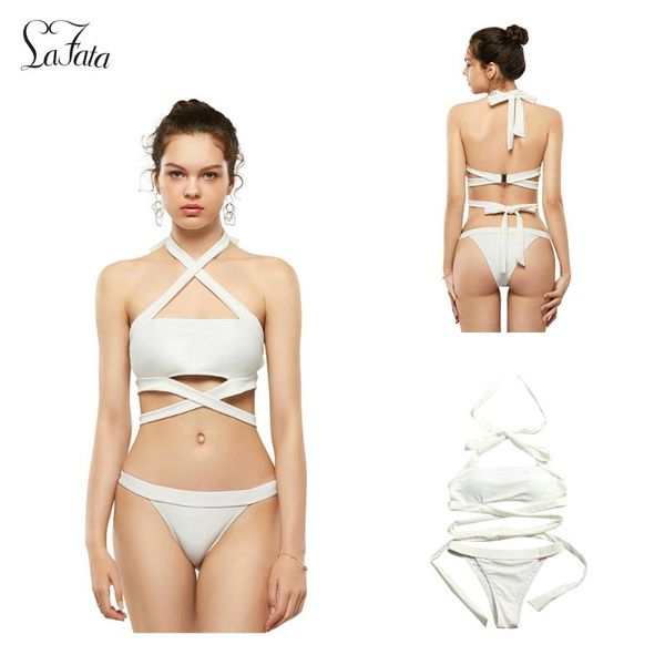 

one-piece suits strap cross halter design white bikini