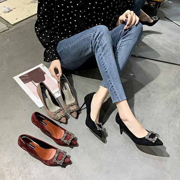 

dress shoes fashion women's high heel pointed rhinestone wild frosted leather pumps thin heels office w37-34, Black