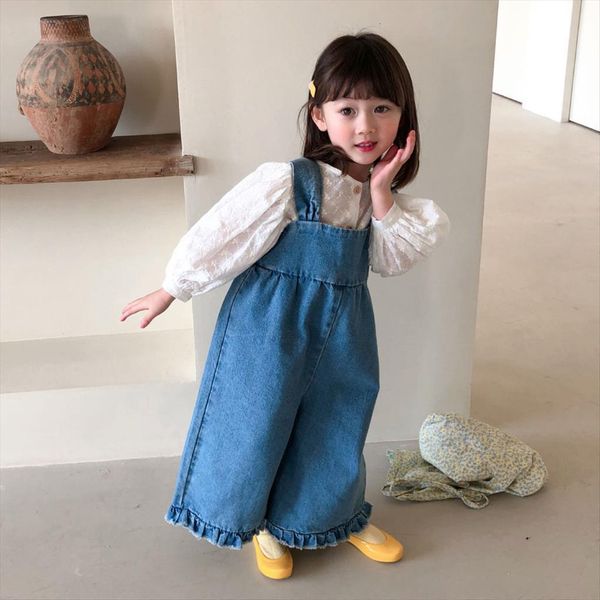 

spring girls jeans overalls lace strappy loose pants 5t cute japanese style wide legged trousers kids jumpsuit 3t clothes, Blue