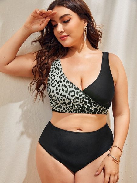 

plus leopard wrap bikini swimsuit n8n6#, Black