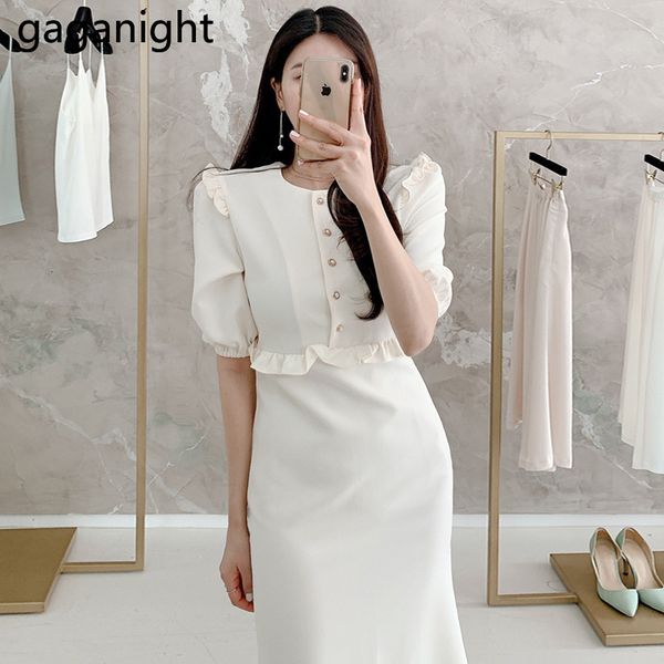 

casual dresses gaganight elegant women maxi bodycon dress pearl button ruffles office lady korean solid slim a line vestiod summer chic, Black;gray
