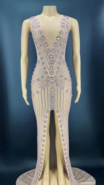 

party decoration sparkly pink rhinestone transparent long train dress evening celebrate costume women dancer see through stage wear youdu
