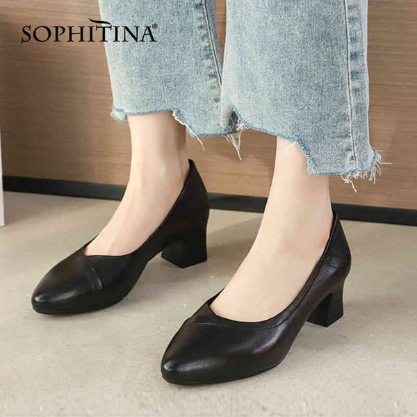 

sophitina work pumps female black pointed thick heel comfortable shoes daily casual handmade premium leather women's shoes ao766 210513