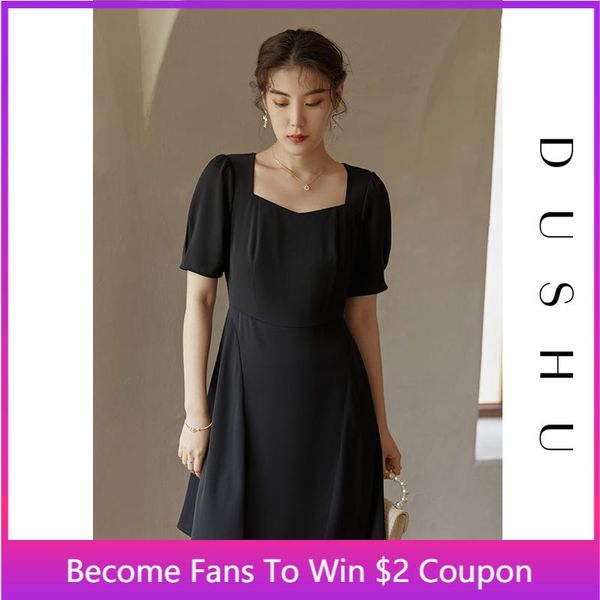 

party dresses dushu plus size office lady french square collar black dress female summer 2021 nack casual zipper long, White;black