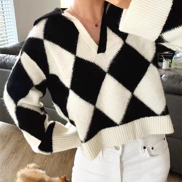 

women's sweaters women plaid knitted sweater black white 2021 autumn winter ladies long sleeve v neck fashion knitwear loose pullover, White;black