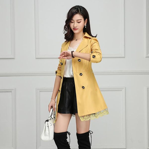 

women's trench coats mr.nut korean version of the self-cultivation temperament double-breasted lace side windbreaker bow fashion ladies, Tan;black