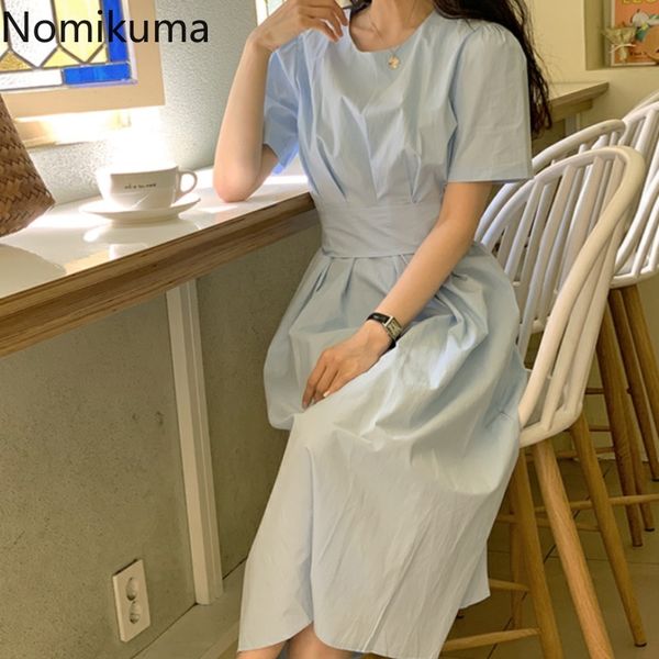 

nomikuam korean elegant bow bandage slim waist dresses short sleeve o-neck woman dress summer chic solid vestidos 6h334 210427, Black;gray