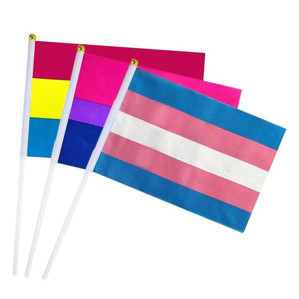

party decoration 50pcs 14*21cm rainbow flag comrade hand waving gay pride lgbt parade les bunting toys flags