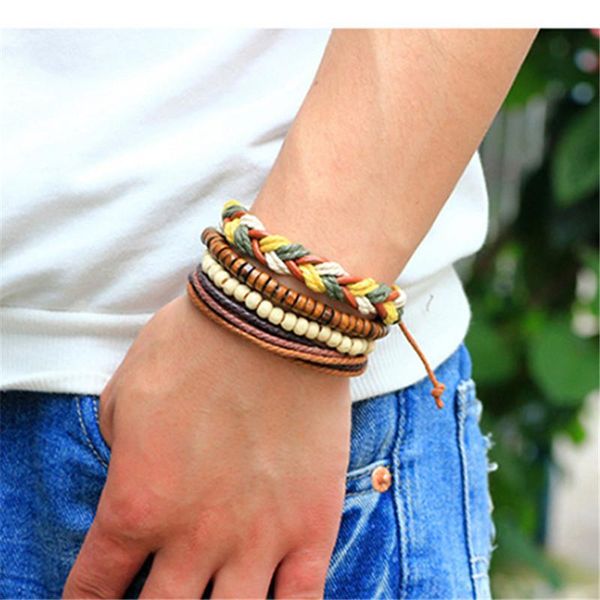 

charm bracelets men leather bracelet multilayer bead punk for women vintage casual jewelry 1set (3-4pcs), Golden;silver