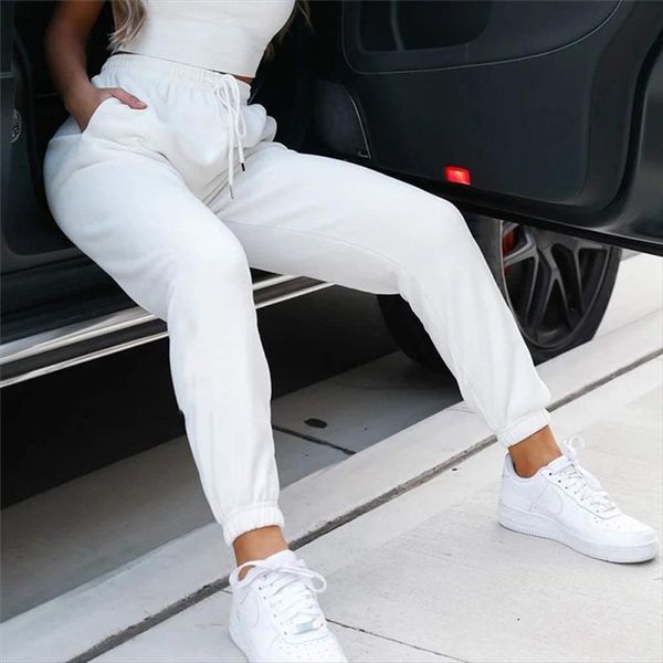 

fashion casual trousers high waist women pants elastic joggers lace up solid color sweatpants sport fitness, Black;white