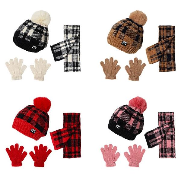 

caps & hats 3pcs scarf hat set baby girls children pompon beanies lattice knitted kids winter warm wool crochet unisex, Yellow