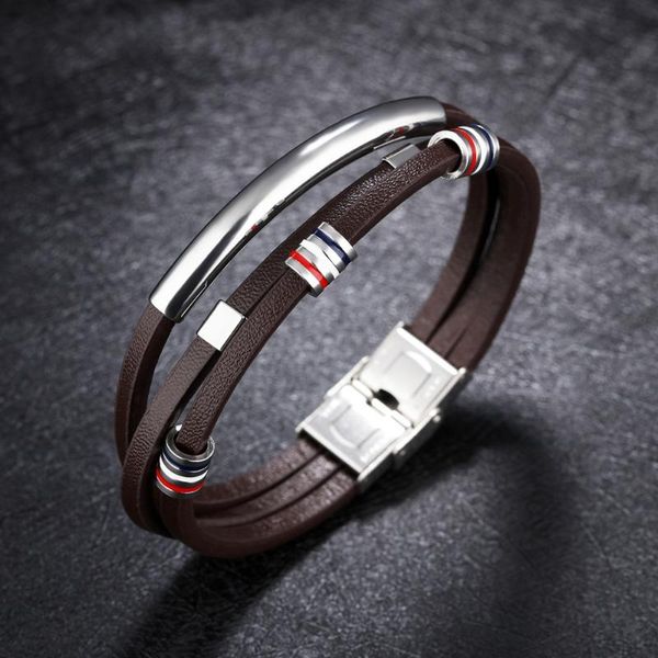 

charm bracelets multilayer trendy men's leather brown poly urethane stainless steel accessories punk jewelry, Golden;silver