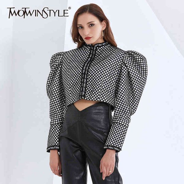 

twotwinstyle ruched plaid jackets for women o neck puff long sleeve short female coats autumn fashion clothing tide, Black;brown