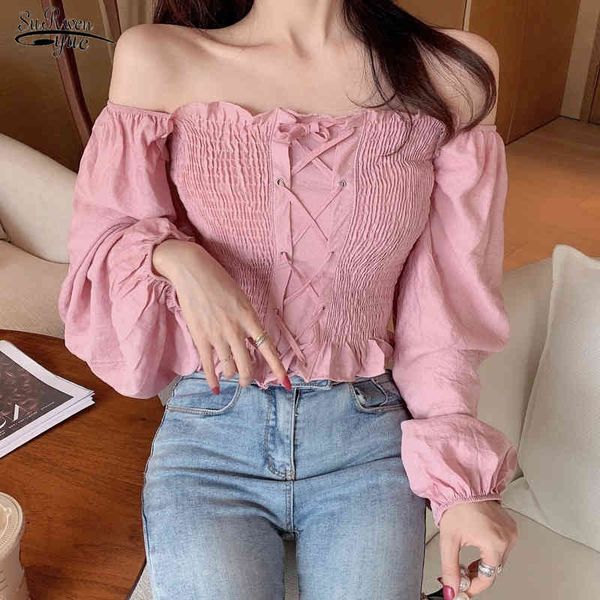 Laço sólido das mulheres Ruffled Blusa Meninas Doce Ruffles Slash Garganta Completa Lanterna Luva Cropped Crop Top para Feminino 10160 210427