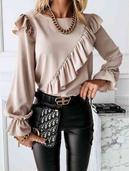 

ladies chic tunic spring office ruffles apricot shirts women long sleeve elegant work flounce pleated blouse female blusas, White