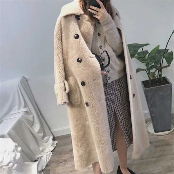 

autumn winter women wool fur coat korean fashion button pocket granules sheep shearing jacket ladies long overcoat h477 211124, Black