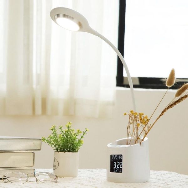 

table lamps 360 degree led desk lamp usb charging alarm clock thermometer calendar 3-level dimmer with pen holder