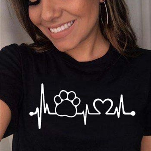 Pata Heartbeat Lifeline Mulheres Tshirt Pata Cão Impresso O-pescoço Curto Camisetas Rosa Preto Top Camisas Menina Younger Love X0628