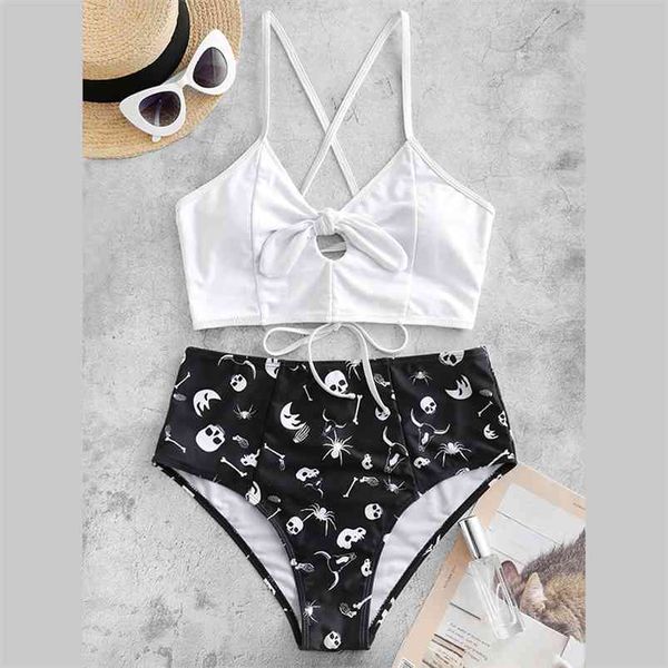 Skull casual impresso dois peça biquíni conjunto halter lace up swimsuit cruz mujer mulheres cortadas push 210629