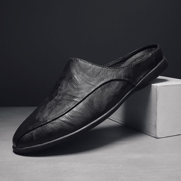 

slippers summer men shoes casual fashion s loafers genuine leather half slipper breathable slip on lazy driving moccasins u801, Black
