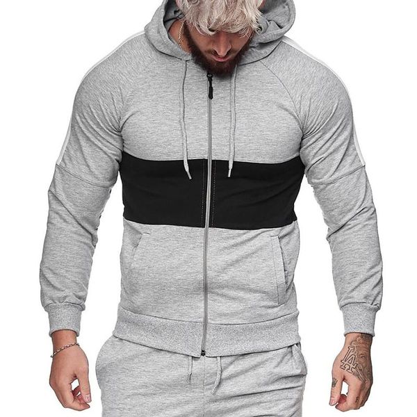 

men's tracksuits men sports sets spring and autumn contrasting color cardigan hooded fleece casual coat patchwork clothing, Gray