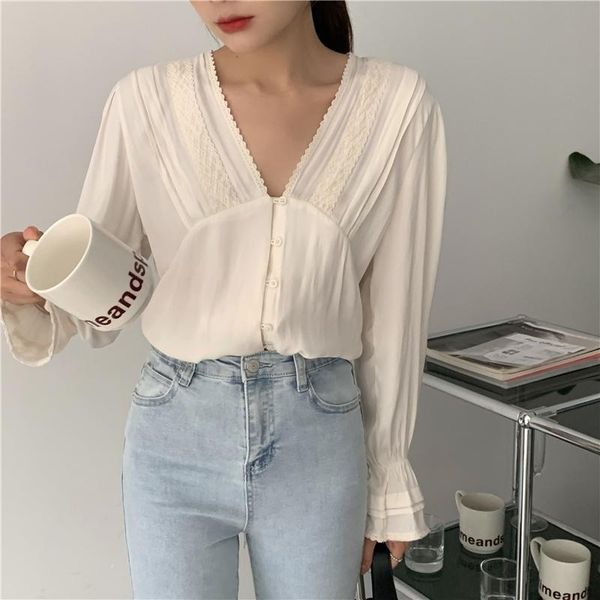 

women's blouses & shirts comelv-neck women chic 2021 blouse solid loose gentle lace office lady long sleeves retro streetwear, White
