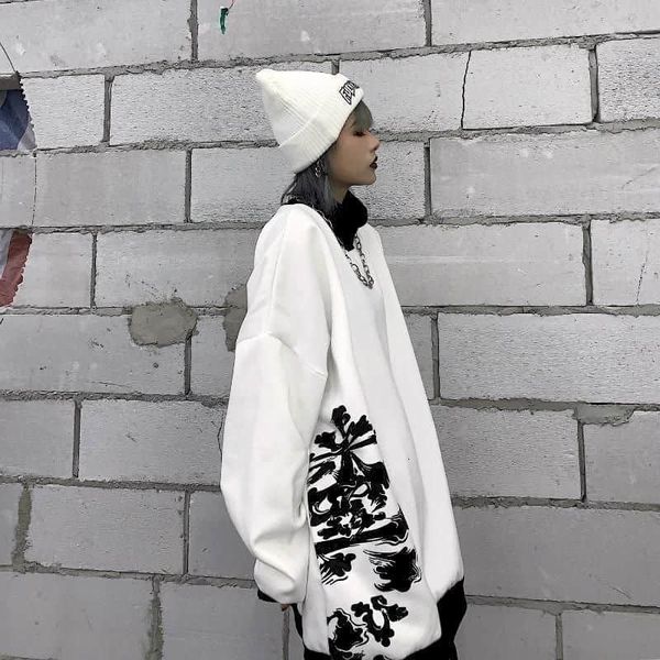 

women's hoodies & sweatshirts harajuku in style graffiti imprint hoodies autumn streetwear loose turtleneck high sweater thick sweatshi, Black