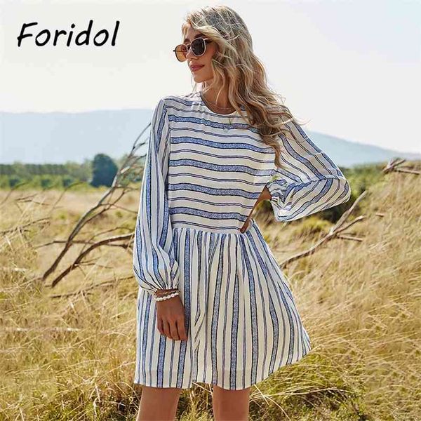 

striped print women's spring dress casual loose long sleeve mini dress autumn female boho beach elegant oversized vestidos 210415, Black;gray