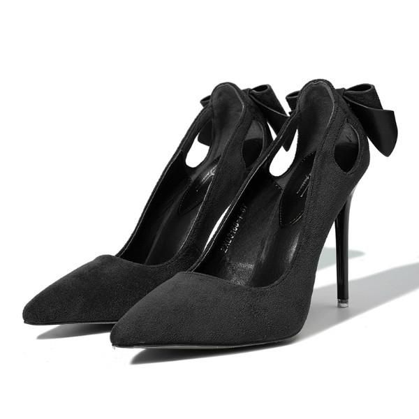 

women pumps, thin high-heeled shoes, hollow-out bowknot tassel suede pointed toe shoe, sweet elegant ladies slip on dress shoes, Black
