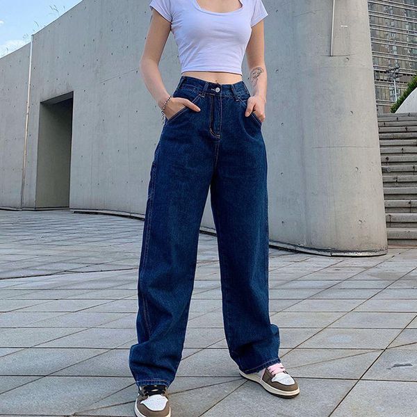 

women's jeans baggy high waist straight women casual vintage wide leg pants slouchy denim trousers streetwear leisure palazzo aesthetic, Blue