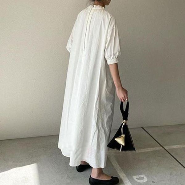 

casual dresses 2021 fall women's commuter fashion simple style korean pure color long skirt short lantern sleeve a-line, Black;gray