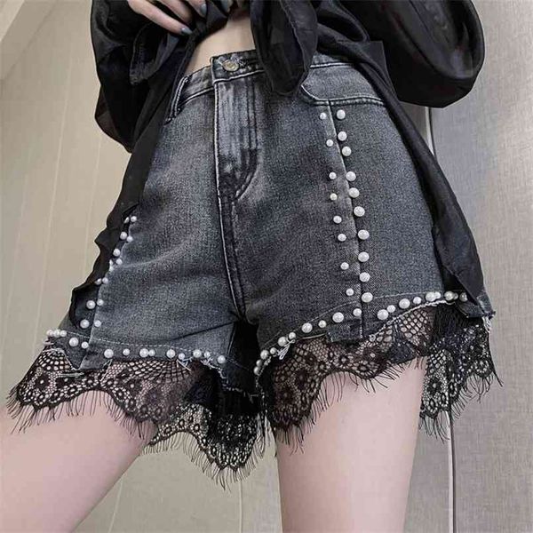 

denim shorts women summer streetwear fashion ripped pants beaded lace trim wide-leg short jeans plus size s-xxl 210602, White;black