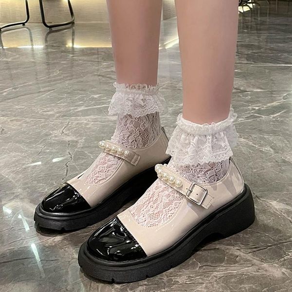 

dress shoes rimocy fashion pearl strap mix color mary janes women patent leather square heel lolita woman thick platform buckle, Black