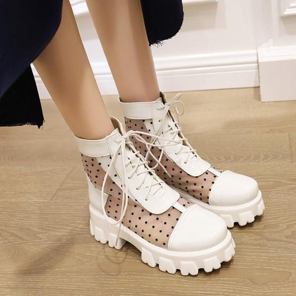

boots brand designer chunky heels platform woman spring summer polka dot mesh net round toe shoes size 43, Black