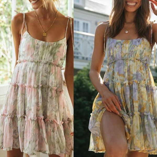 

floral print boho sundress womens dresses ruffle summer casual beach short flower vintage fashion clothes, Black;gray
