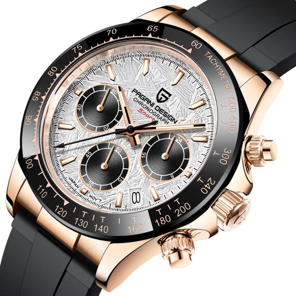 

wristwatches 40mm luxury pagani design chronograph sapphire glass rubber strap quartz mens watch, Slivery;brown