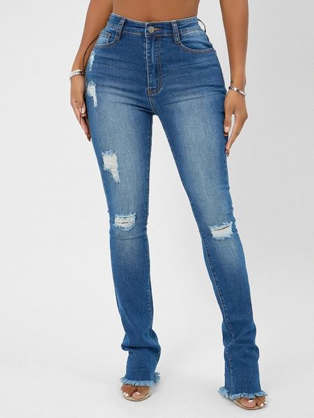 

sxy ripped raw hem skinny jeans 222m#, Blue