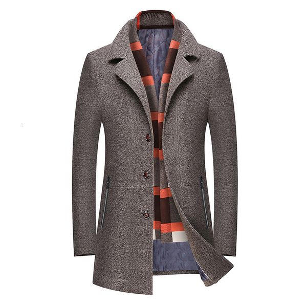 

winter medium and long british suit with scarf thickened slim fit woolen coat men's windbreaker, Tan;black