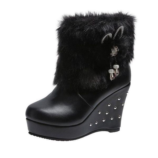 

boots snow shoe woman boot 2021 winter wedge-heeled platform ankle fashion rivet rhinoceros-velvet thermal, Black