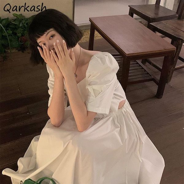 

casual dresses women square collar puff sleeve hollow out elegant white black french style all-match students harajuku vestidos ulzzang, Black;gray