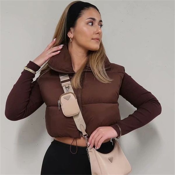 

brown sleeveless women short waistcoat casual streetwear zipper lady outwear warm cotton girl vest 211105, Black;white